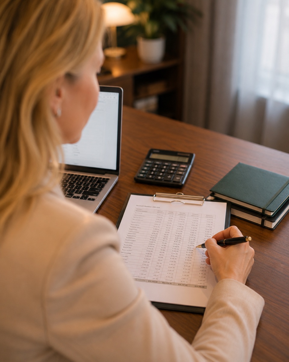 Anna reviewing a financial report